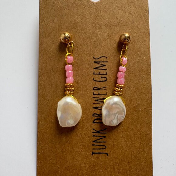 Handmade Beaded Pearl Dangle Earrings - Picture 3 of 3